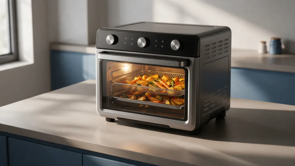 Air fryer em formato forno com porta de vidro e legumes assando