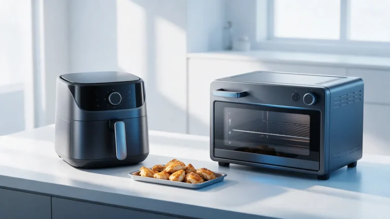 Air fryer de cesto ao lado de um forno elétrico de bancada
