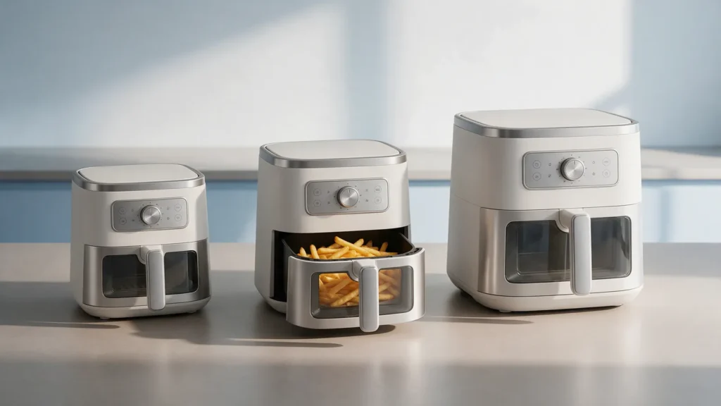 Três air fryers de tamanhos diferentes lado a lado na bancada da cozinha