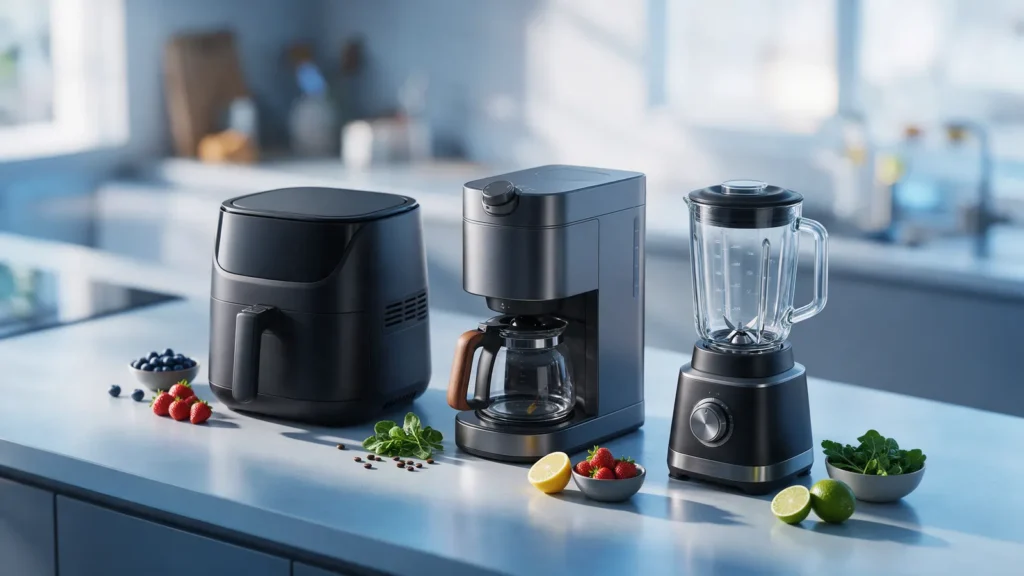 Bancada de cozinha com air fryer, cafeteira e liquidificador