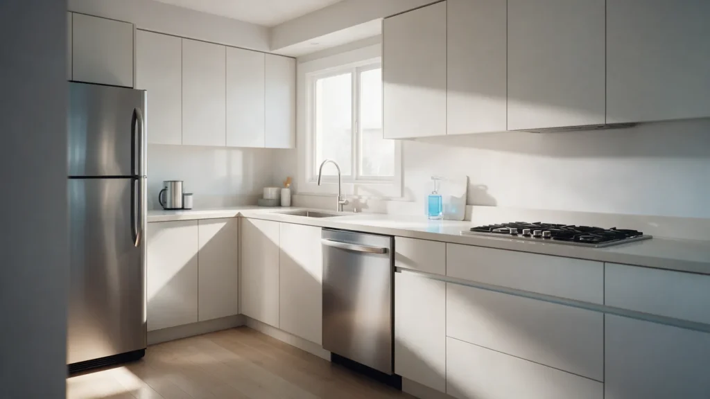 Cozinha moderna com geladeira de inox e lava-louças embutida