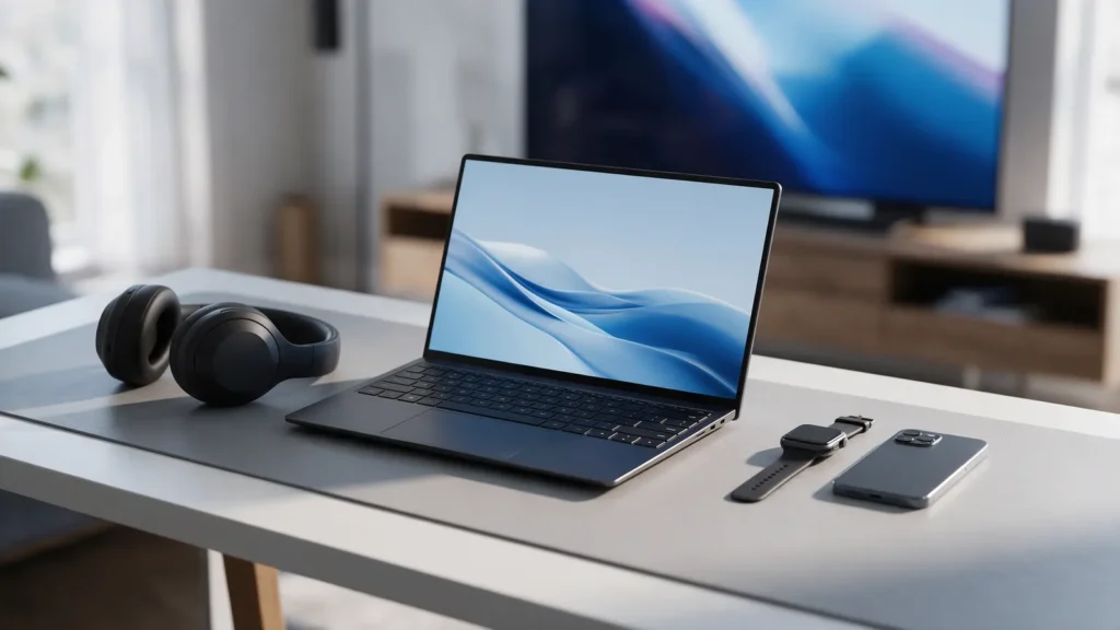 Notebook, fones sem fio, smartwatch e celular em uma mesa, com TV ao fundo