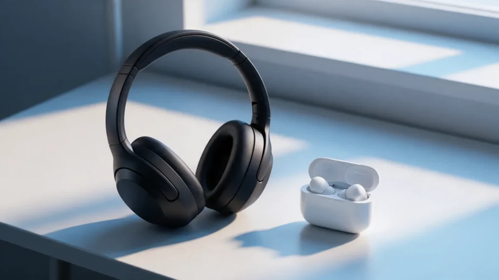 Fone over-ear sem fio e fones intra-auriculares com estojo