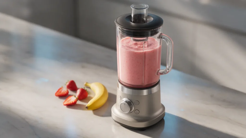 Liquidificador com copo de vidro e vitamina de frutas