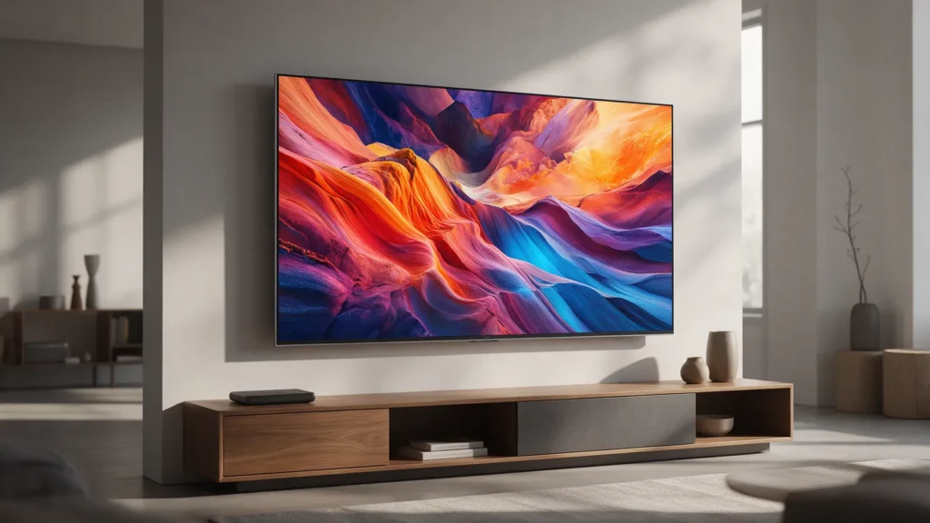 Smart TV fina na parede de uma sala de estar minimalista