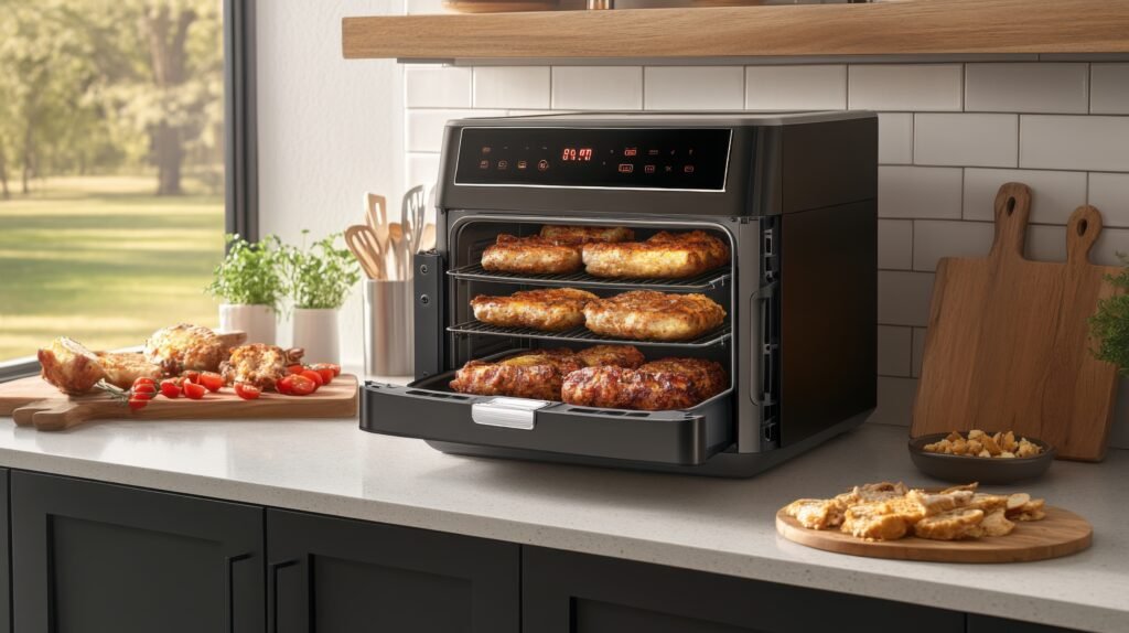 Air Fryer Oven com painel digital e três grelhas assando frango na bancada da cozinha