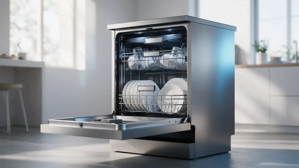 Lava-louças de inox aberta com pratos e copos limpos
