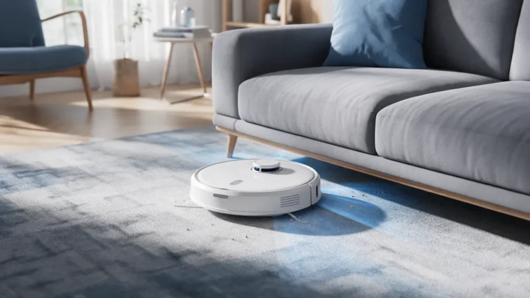 Robô aspirador limpando perto do sofá em uma sala clara