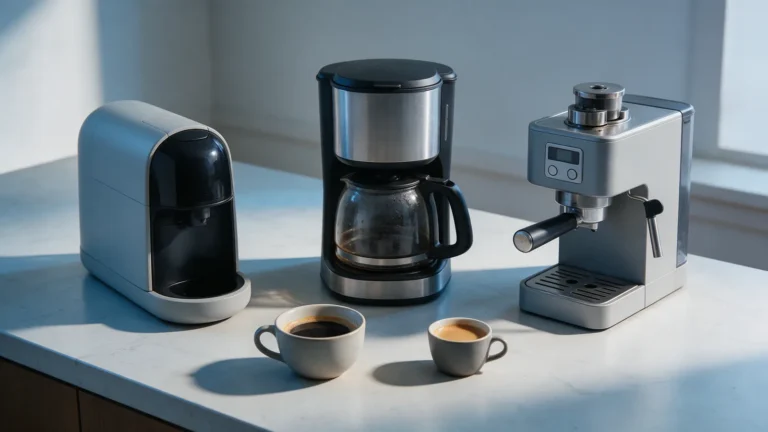 Cafeteira de cápsula, cafeteira elétrica e máquina de espresso lado a lado